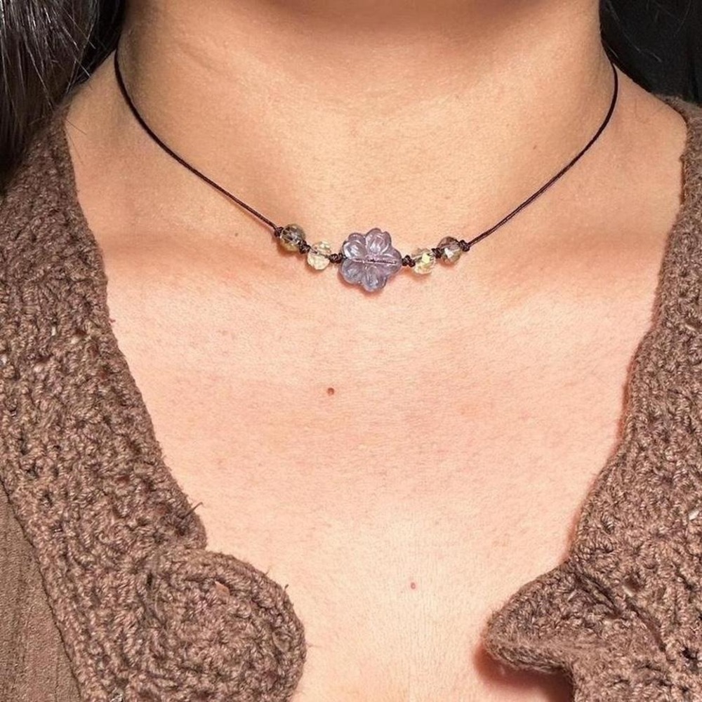 Handmade Dusty Purple Glass Flower Choker Necklace Brown Cord Crystal Bead Boho